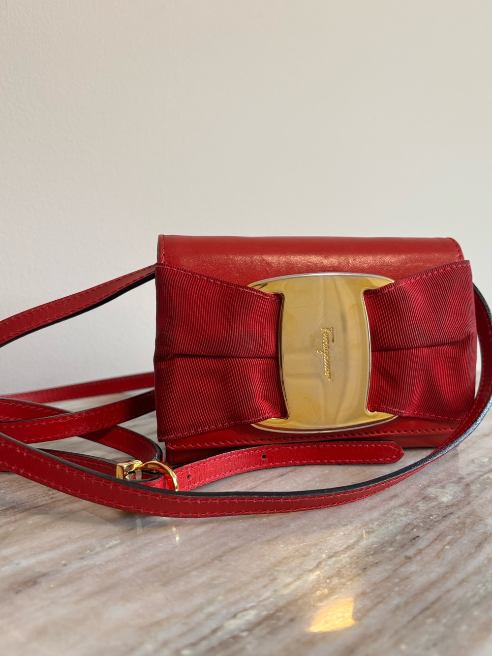 Salvatore Ferragamo Red Leather Mini Gancini Crossbody Bag Gold Hardware Vintage